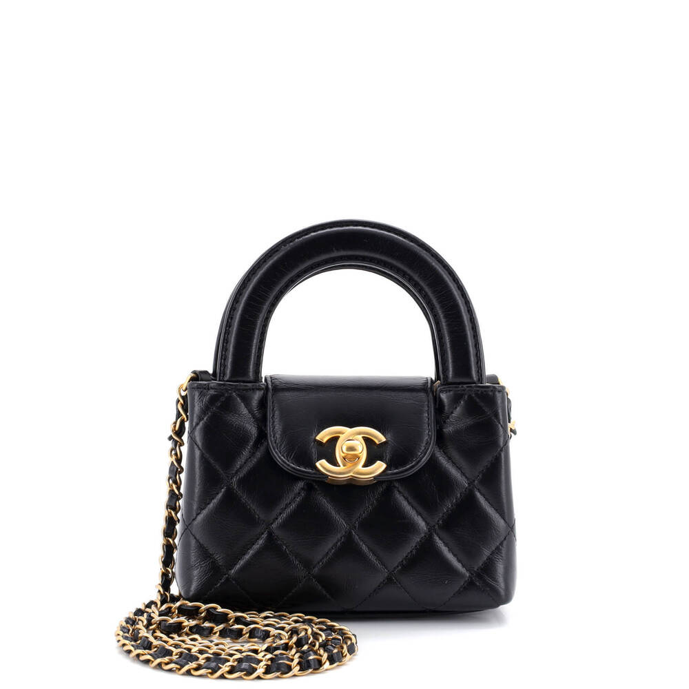 Chanel Nano Kelly Top Handle Shopping Bag Quilted Shiny Aged Calfskin